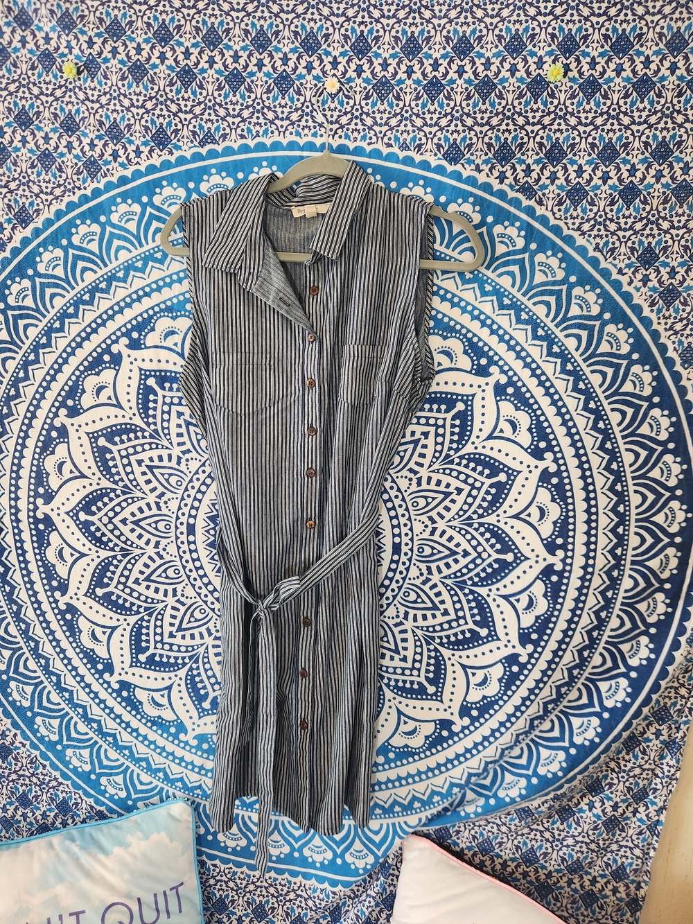 Rebellion, Navy and White Striped Sleeveless Shirt Dress with Tie Waist - Picture 5 of 6